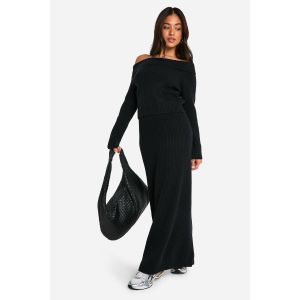 "Petite" Ensemble Coordonné En Maille Côtelée Asymétrique Avec Pull Et Jupe Maxi - Noir - S, Noir