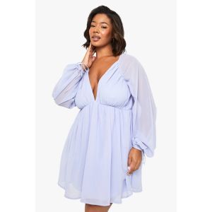Robe Patineuse Grande Taille En Mousseline À Manches Volumineuses - Bleu - 56, Bleu