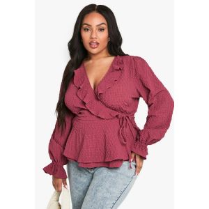 "Plus" Textured Tie Detail Wrap Ruffle Blouse - Rose Poudré - 48, Rose Poudré