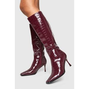 Bottes À Talons Brillantes Effet Crocodile À Bout Pointu - Rouge Cerise - 36, Rouge Cerise