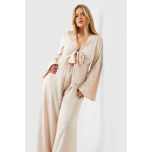 "Plus" Combinaison Grande Taille À Nœud Tissé, Décolleté Plongeant, Jambes Larges - Beige - 54, Beige
