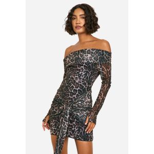 "Tall" Leopard Mesh Bardot Twist Front Mini Dress - Imprimé Animal - 38, Imprimé Animal