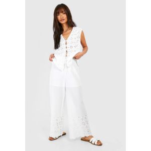 Broderie Pantalon Droit - Blanc - 40, Blanc