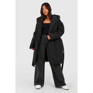 "Petite" Veste D'Hiver Matelassée À Motif Losange Et Ceinture - Noir - 34, Noir