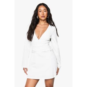 Robe Mini À Manches Longues Avec Décolleté Plongeant Et Fronces - Blanc - 44, Blanc