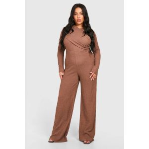 Combinaison À Manches Longues Pour Grandes Tailles Avec Détail Drapé Et Tissu Texturé - Marron Camel - 50, Marron Camel