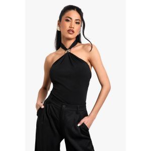 Crepe Halterneck Trim Detail Top - Noir - 34, Noir