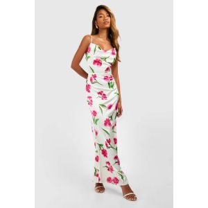 Robe Nuisette Mi-Longue En Satin Floral À Encolure Drapée - Mauve - 38, Mauve