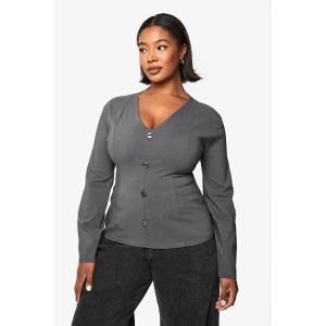 "Plus" Bengaline Cinched Button Down Top - Bleu Gris - 52, Bleu Gris