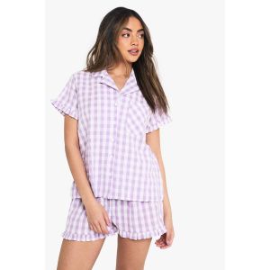 Gingham Seersucker Ensemble Pyjama Chemise À Manches Courtes Et Short À Détails De Volants - Lilas - 36, Lilas