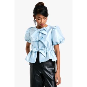 Taffeta Haut Froncé À Nouage À L'Avant Et Manches Bouffantes - Bleu - 38, Bleu