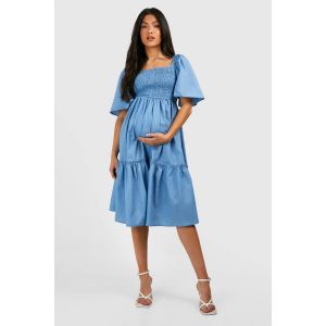 Robe De Grossesse Mi-Longue En Chambray Froncé - Bleu - 42, Bleu