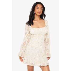 "Petite" Robe Mini En Chiffon Jacquard Floral À Manches D'Ange - Jaune - 42, Jaune