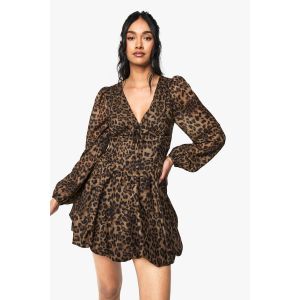 Robe Patineuse En Mousseline À Imprimé Léopard, Manches Bouffantes, Style Laitière - Leopard - 38, Leopard