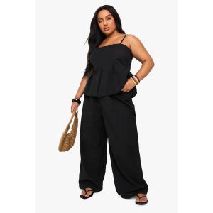 Ensemble Coordonné Style Lin Avec Débardeur À Encolure Carrée Plissé Et Pantalon À Jambes Larges - Noir - 54, Noir