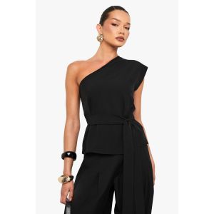 Top À Une Épaule Tissé Martelé Ceinturé - Noir - 38, Noir