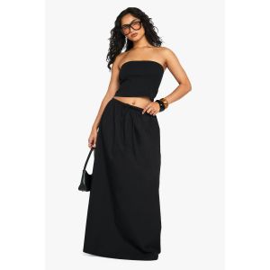 Jupe Maxi En Popeline De Coton À Taille Avec Cordon De Serrage - Noir - 38, Noir