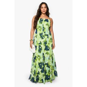 Robe Maxi En Chiffon Abstrait À Panneaux Pour Grandes Tailles - Vert Chartreuse - 56, Vert Chartreuse