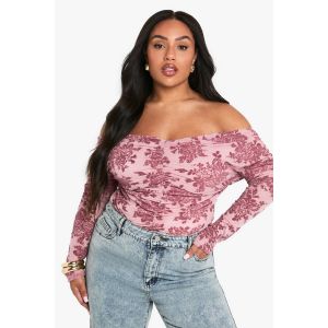 Top Bardot "Plus" Devoré À Manches Longues - Mauve - 54, Mauve