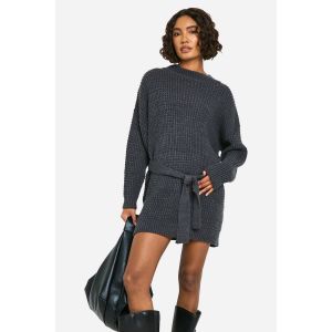 Robe Pull Tricotée Haute Ceinturée - Gris Anthracite - Xs, Gris Anthracite