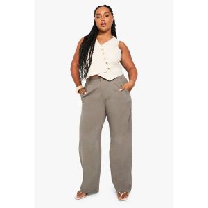 Pantalon Rayé En Lin Avec Dos Élastiqué, Coupe Tailleur - Vert Kaki - 54, Vert Kaki