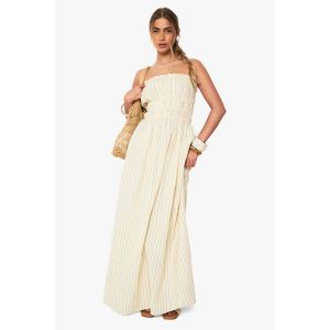 Robe Maxi Plissée Rayée Effet Lin - Blanc Écru - 46, Blanc Écru
