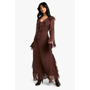 "Petite" Robe Maxi En Chiffon À Volants, Manches Évasées Et Ceinture - Marron Chocolat - 38, Marron Chocolat