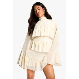 "Petite" Robe Chemise En Chiffon À Volants, Encolure Haute Et Dos Noué - Blanc Ivoire - 40, Blanc Ivoire
