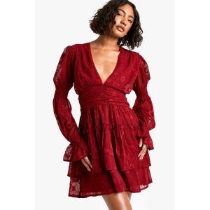 Grande Robe Patineuse En Tissu Burnout Paisley Avec Manches Bouffantes Et Taille Froncée - Rouge - 36, Rouge