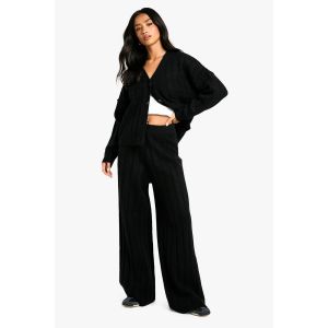 "Petite" Ensemble Cardigan En Maille Douce À Côtes Épaisses Et Pantalon À Jambes Larges - Noir - L, Noir