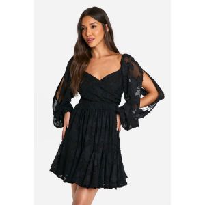 Robe Skater À Manches Ballon Texturées Et Dos Lacé - Noir - 38, Noir
