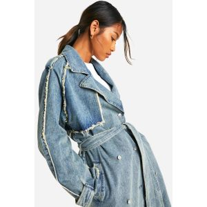 Trench-Coat En Denim Ceinturé À Ourlet Brut - Déchiré - 34, Déchiré