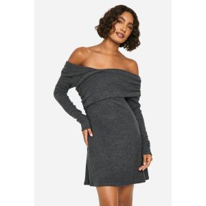 Robe Mini Asymétrique En Côte Brossée Grande - Gris Anthracite - 38, Gris Anthracite