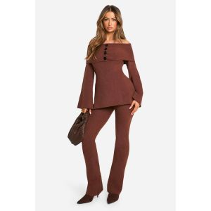 Pantalon Flare Tricoté À Côtes Premium - Marron Chocolat - S, Marron Chocolat