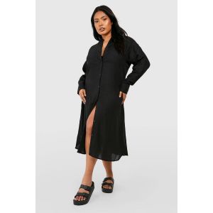 "Plus" Linen Look Midi Shirt Dress - Noir - 52, Noir