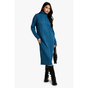 Cable Tricotée Robe Midi Col Roulé - Bleu Sarcelle - M, Bleu Sarcelle