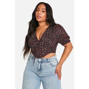 "Plus" Cherry Puff Short Sleeve Corset Top - Noir - 54, Noir