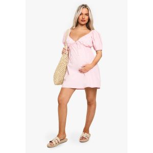 Robe Skater De Maternité En Coton, À Noeud À L'Avant Et Manches Bouffantes - Rose - 38, Rose