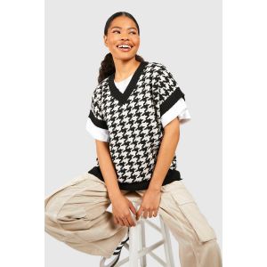 "Petite" V Neck Dogtooth Knitted Vest Traduit Par Petit Gilet Tricoté À Motif Pied-De-Poule En Col V - Noir - Xl, Noir