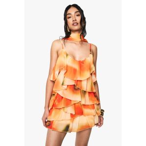 Mini-Robe En Chiffon À Imprimé Abstrait Flou Et Détail D'Écharpe - Orange - 40, Orange