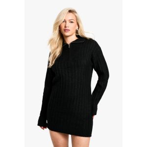 Robe Mini Surdimensionnée En Maille Douce Côtelée À Encolure Zippée - Noir - Xl, Noir