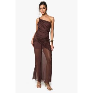 Mesh Robe Maxi À Une Épaule Froncée - Marron Chocolat - 44, Marron Chocolat