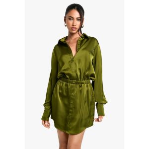 Robe Mini Chemise En Satin - Vert Kaki - 36, Vert Kaki
