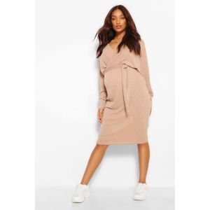 Robe Pull Maternité En Maille Côtelée Wrap Dress - Marron Camel - 40, Marron Camel