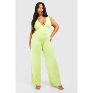 "Plus" Combinaison Grande Taille En Tissu Fluide Avec Décolleté Plongeant Et Jambes Larges - Citron Vert - 56, Citron Vert