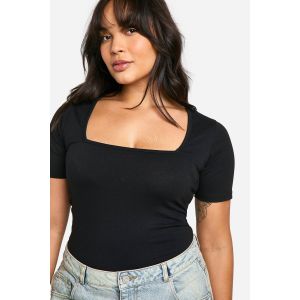 Boohoo Basics "Plus" Bodysuit En Coton À Encolure Carrée Et Manches Courtes - Noir - 56, Noir