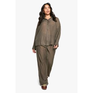 Ensemble Grande Taille De Chemise Texturée Tissée Et Pantalon - Vert Kaki - 50, Vert Kaki