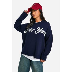 "Petite" Pull-Over Tricoté Oversize À Col Rond New York - Bleu Foncè - L, Bleu Foncè