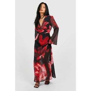 "Petite" - Robe Longue Fleurie À Col Bénitier - Rouge - 36, Rouge