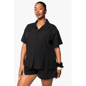 Ensemble Coordonné Grande Taille : Chemise À Manches Courtes Effet Lin Et Short À Taille Élastiquée - Noir - 56, Noir